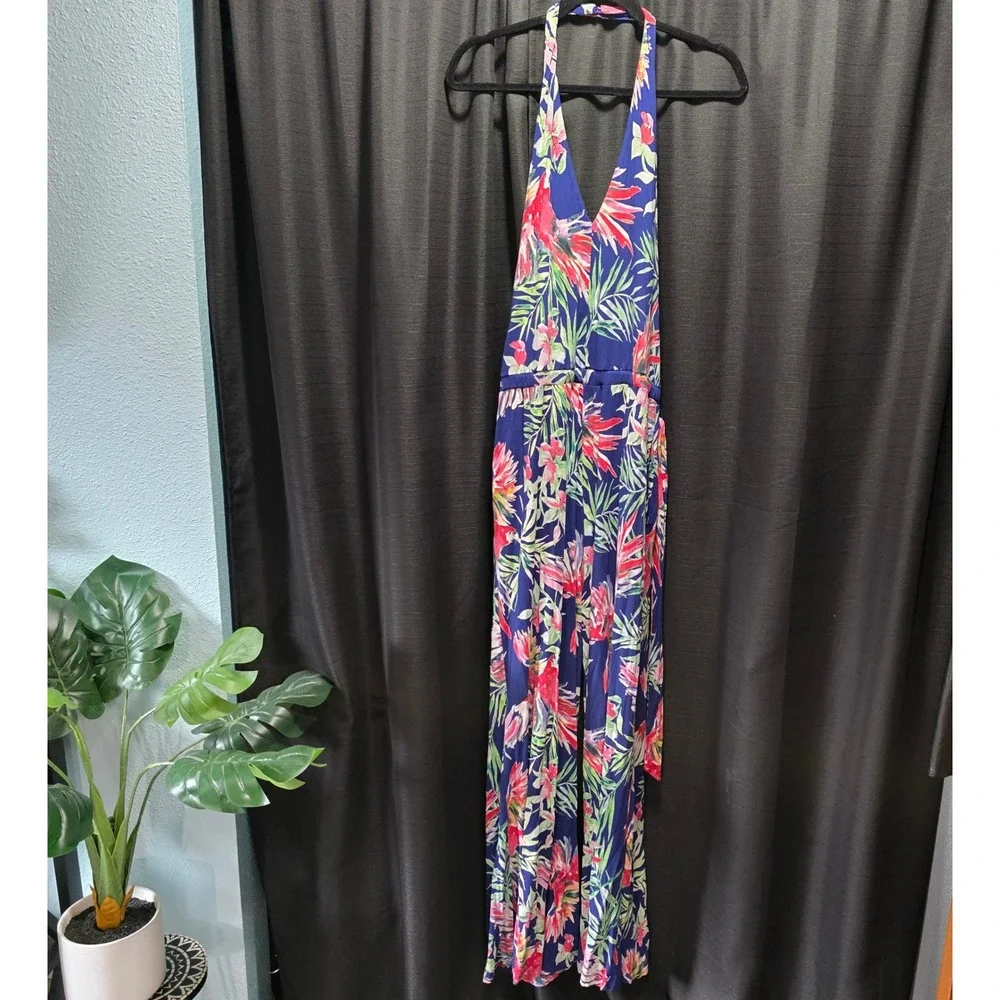 Sofia Jeans by Sofia Vergara‎ Tropical Parrot Halter Wide Leg Jumpsuit Navy L